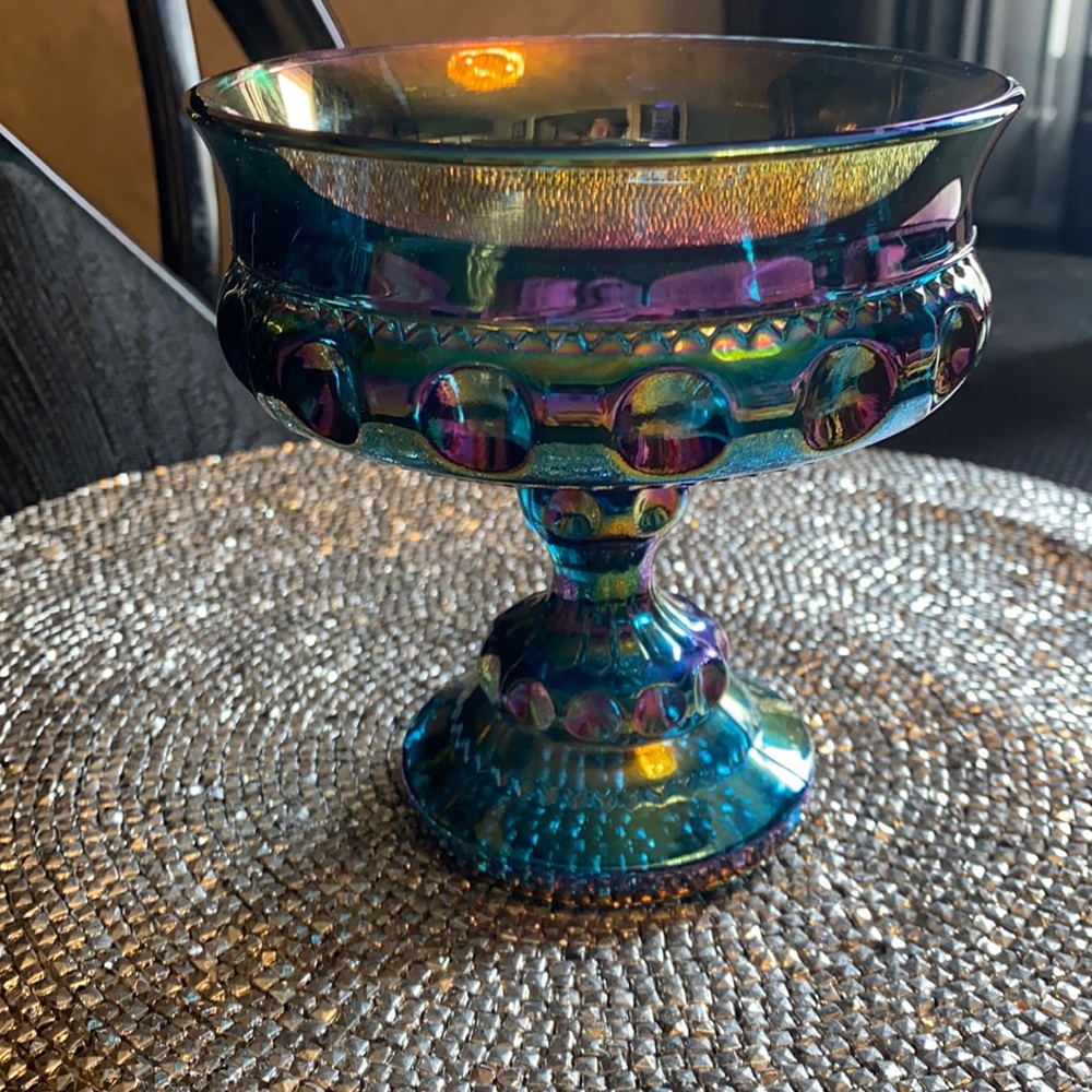 Large Blue Iridescent Carnival Compote Glass - Picture 2 of 6